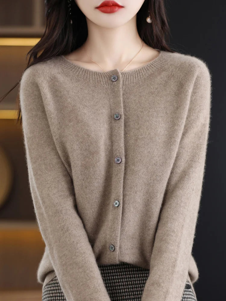 2024 Novo Cardigan Básico Chique Feminino Gola Redonda Suéter de Lã Merino Macio Roupa de Malha Elegante Casaco Primavera Outono Roupas Femininas Tops - Vermelho Shumei XXL