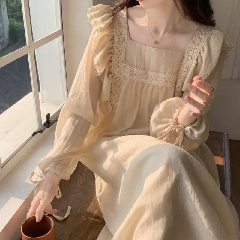 Vestido Feminino Noturno Sexs Plus Size Cor Sólida Camisola Primavera Verão Pijama Feminino Doce Longo Branco Manga Longa Loungewear