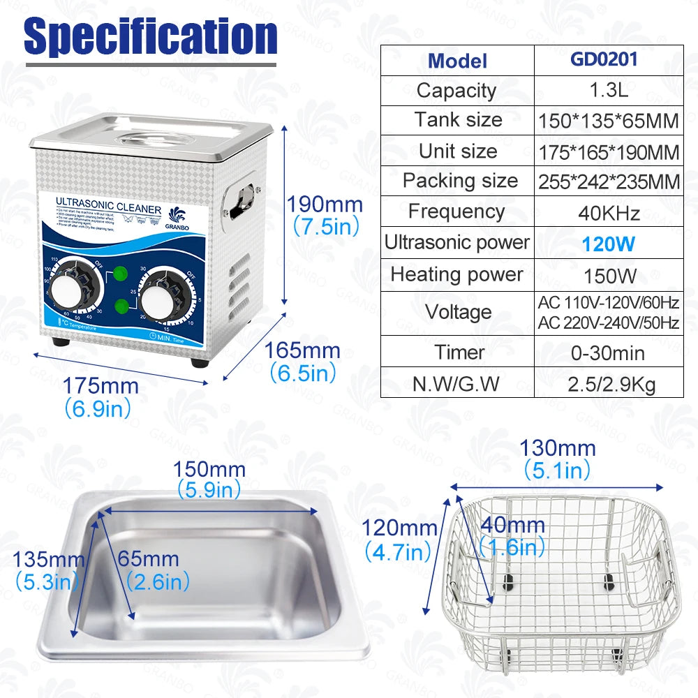 Máquina de Limpeza Ultrassônica Granbosonic 1L 60W/120W Aço Inoxidável Com Aquecedor Temporizador Para Joias Óculos Uso Doméstico