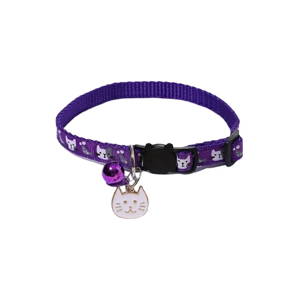 Coleira Ajustável para Gato com Fivela de Segurança de Liberação Rápida Antiasfixia para Filhotes, com Pingente de Rosto de Gato, Sino e Estampa de Gato