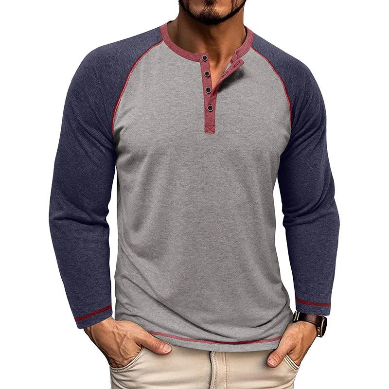 Nova Camiseta Masculina de Manga Raglan com Gola Henry de Manga Longa Outono e Inverno Estilo Europeu e Americano