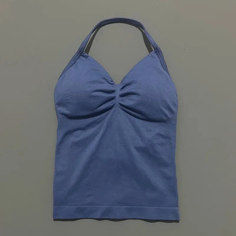 Conjuntos de Academia Femininos 2 Peças Impacto Sem Costura Fitness Yoga Roupa Esportiva Halter Top Shorts Roupa de Treino Corrida Roupa de Academia
