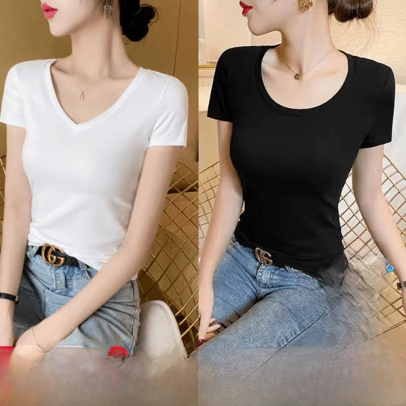 Summer Womens Slim Fit Short Sleeve T Shirt Half Sleeve Base Shirt Versatile Base Layer Top Quality Polyester Fiber Commute - M V white + v white [2-pack]