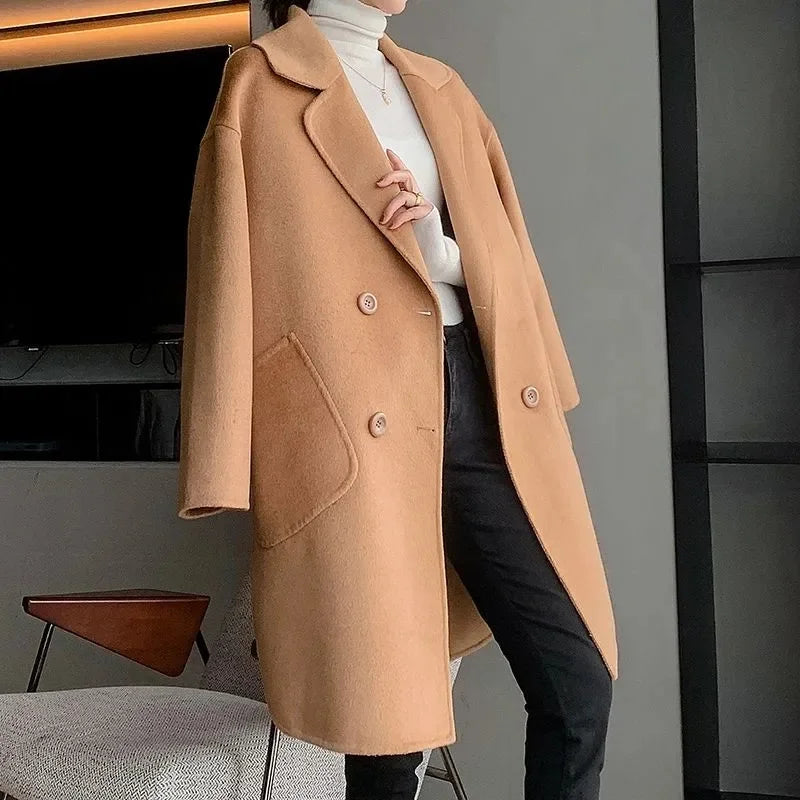 Inverno Coreano Feito à Mão Duplo Abotoamento Longo Casaco Feminino 100% Lã Casual Solto Cinto de Amarrar Sobretudo de Lã Oversized