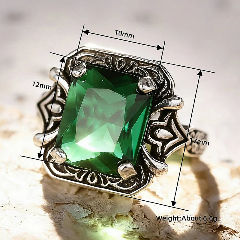 Anéis femininos Huitan quadrados elegantes de zircônia cúbica verde, anéis femininos vintage cor anti-prata para festa de aniversário, joia de luxo