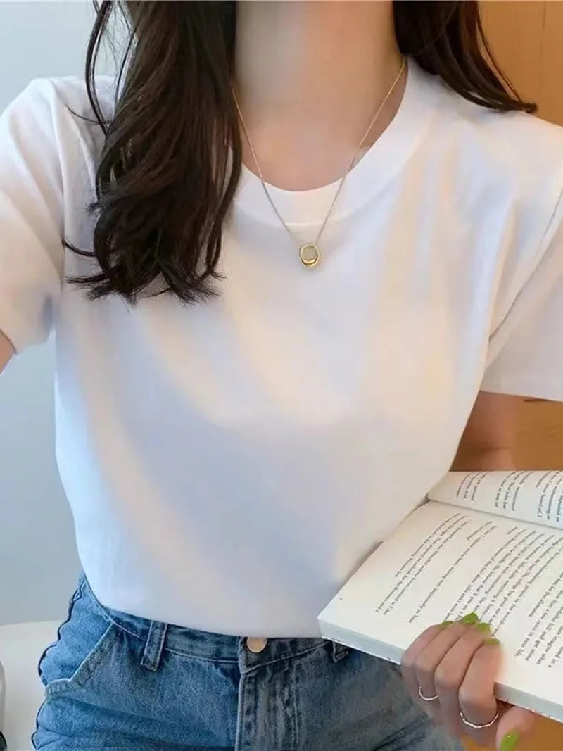 Camiseta Feminina Manga Curta Algodão Gola O Solta Preta Branca Básica Fina Tops Moda Harajuku Casual Roupa Exterior Camisetas - preta P