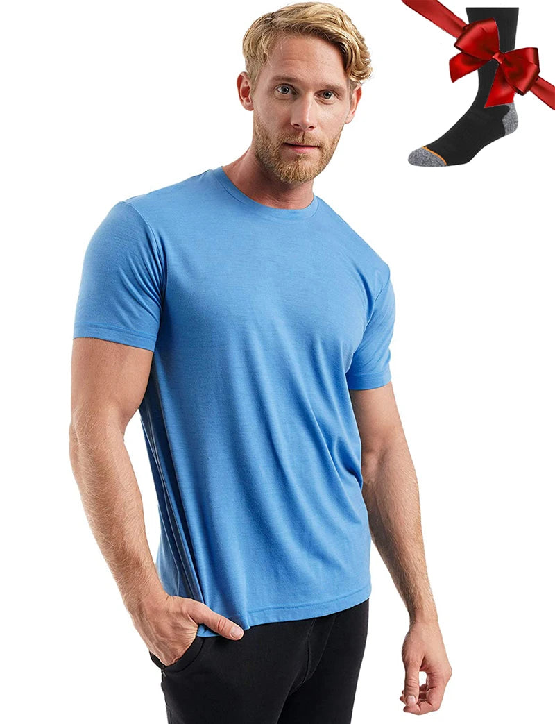 Camiseta Masculina 100% Lã Merino Super Fina Camada Base de Lã Merino que Absorve a Umidade Respirável de Secagem Rápida Antiodor + Meias de Lã Merino