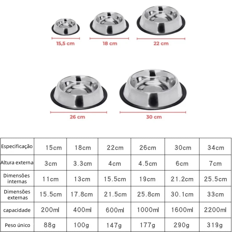 Comedouro ou Bebedouro Inox para Cães, Gatos e Outros com Base Antiderrapante - 150ml a 1400ml
