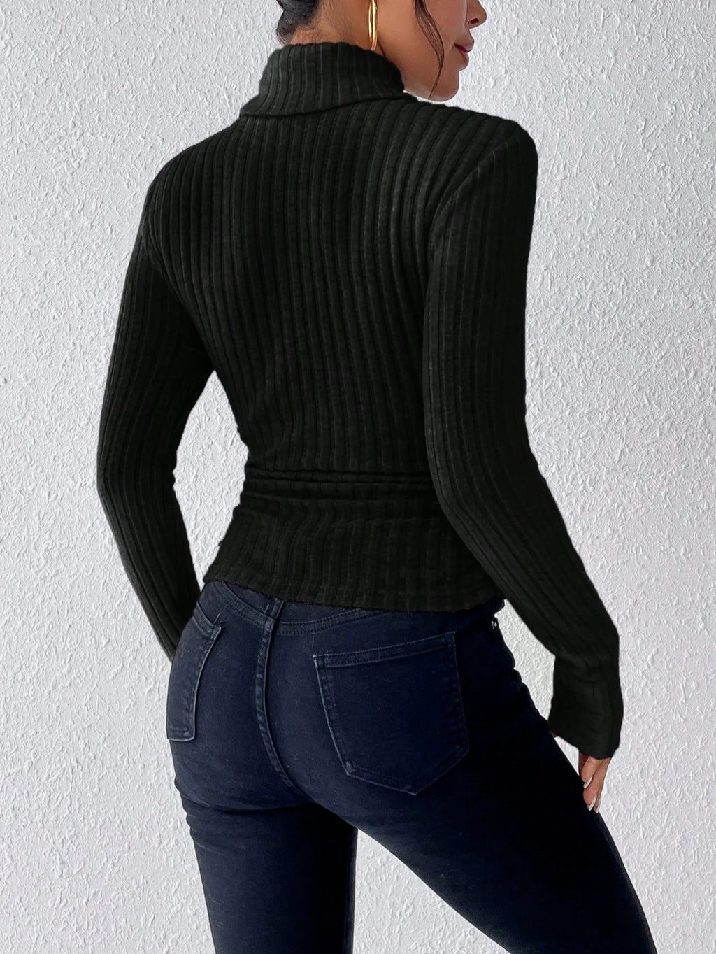 Outono E Inverno Gola Alta Cor Sólida Casual E Elegante Manga Comprida Malha Canelada Escovada T Shirt Top 1 - 69546black PP