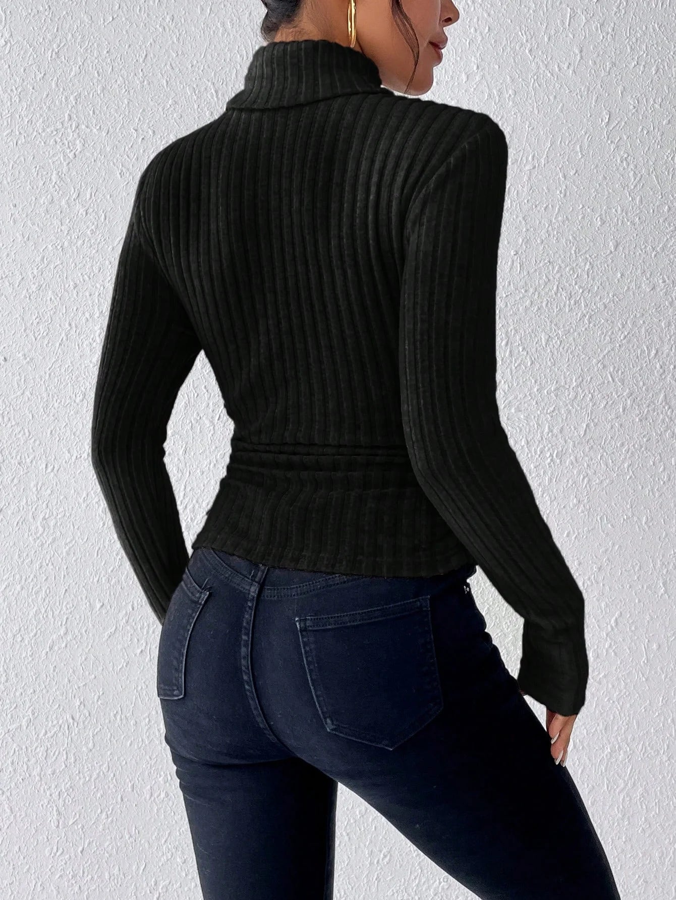 Autumn And Winter High Neck Solid Color Casual And Elegant Long Sleeved Brushed Pit Knitted T Shirt Top 1 - 69546black XS