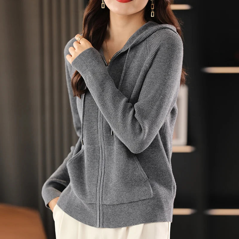 Cardigã Feminino Outono Inverno Gola Dobrável Zíper Frontal Cardigã Grosso Solto Suéter Básico Quente Tricô Casual Coreano Casaco - preto XL