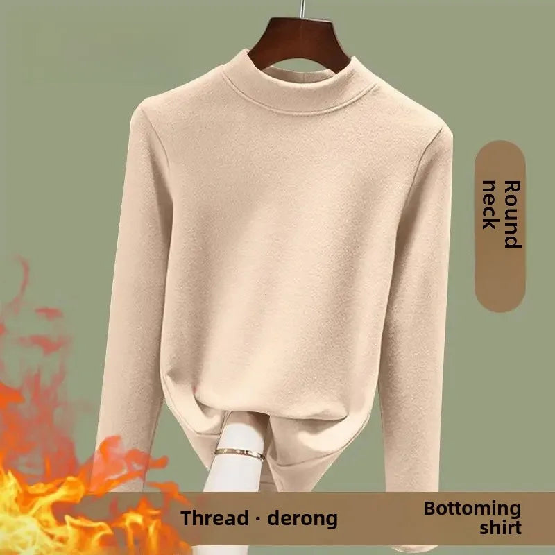 Warm Long Sleeve Crew Neck T Shirt Fashionable Spring Commute Thermal Base Layer Shirt Single Dual Threaded Velvet Polyester Fib - L ([recommended 50.00 kg-57.50 kg]) Elegant green [A046 single piece]]