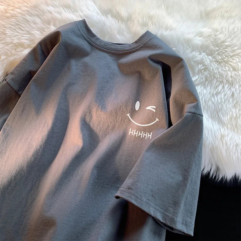 Men Womens Smiling Face Funny Fashion Couple Short Sleeved T Shirt American Basic Simple Oversized Loose Boys Pullover Top - Apricot L
