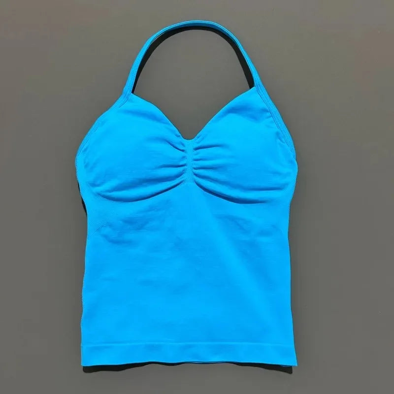 Conjuntos de Academia Femininos 2 Peças Impacto Sem Costura Fitness Yoga Roupa Esportiva Halter Top Shorts Roupa de Treino Corrida Roupa de Academia
