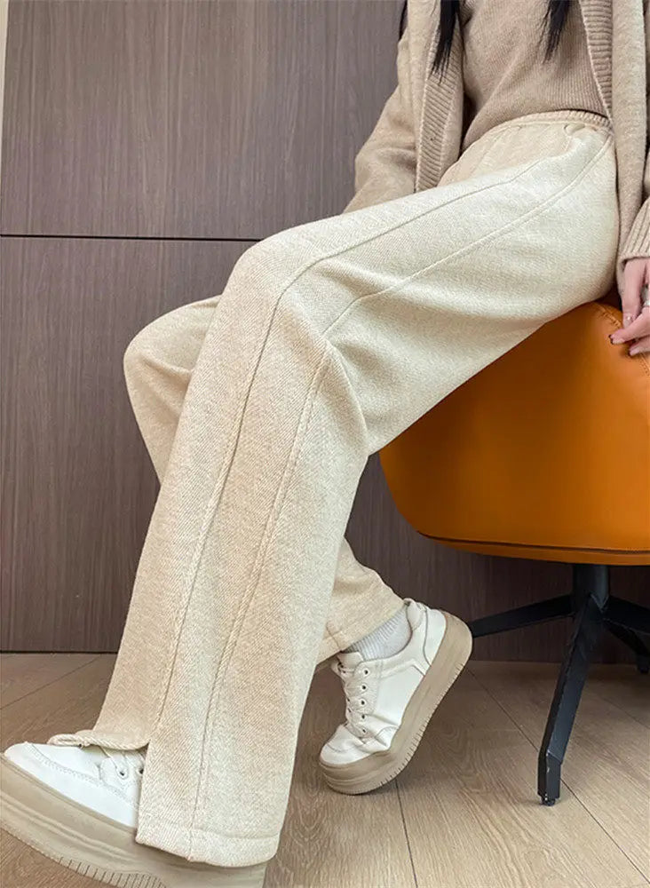 Calça Feminina de Lã Grossa Reta de Cintura Alta Perna Larga Outono Inverno Casual com Bolsos de Algodão Misturado