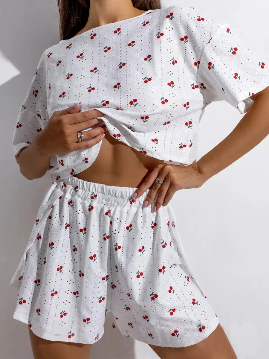Women's Nightwear Set: Lace-Up, Breathable, Printed, Sensual Split-Hem Shorts and Top Loungewear for Home Comfort Summer Attire