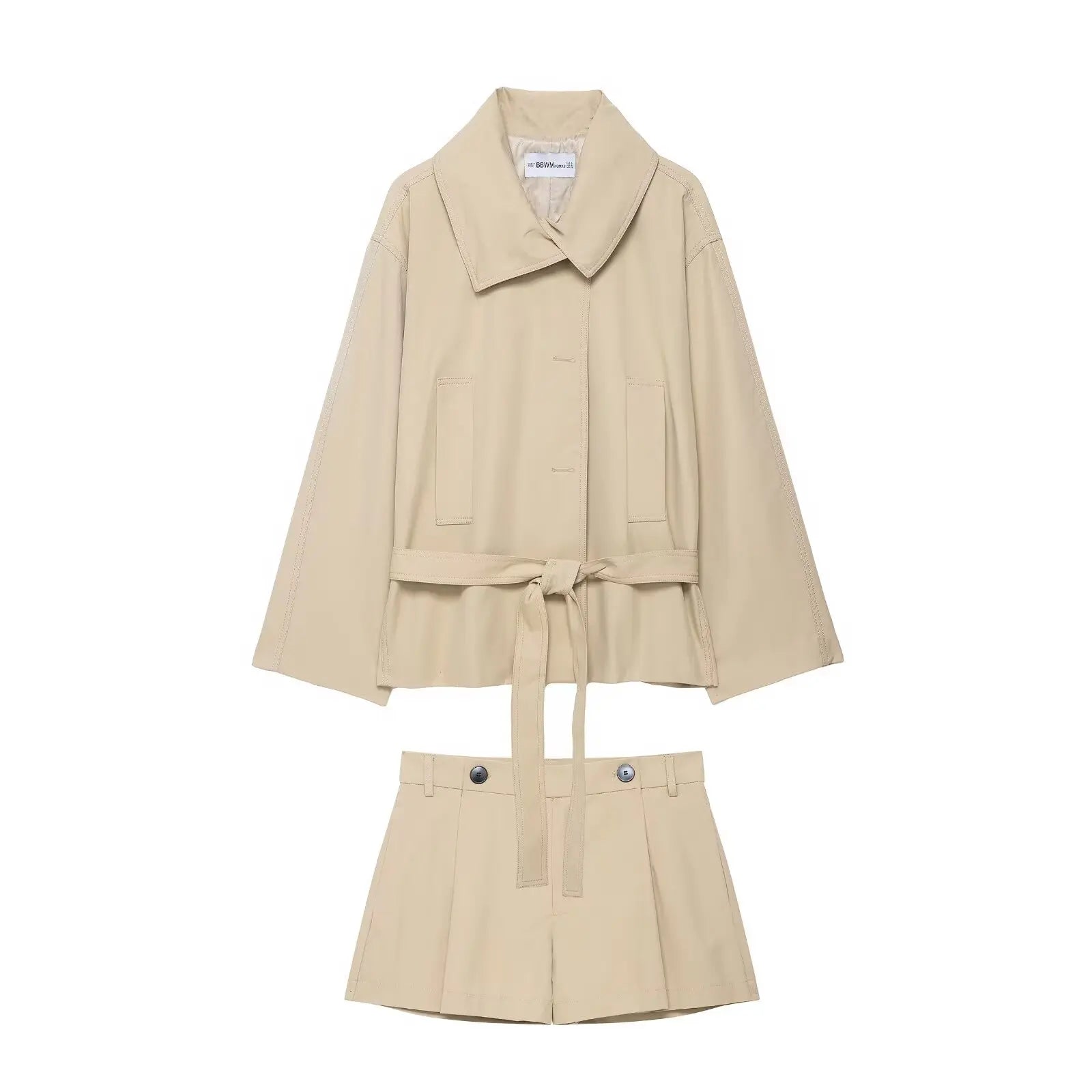Hh Women Fashion Summer Suits Solid Turn Down Collar Long Sleeves Lace Up Single Breasted Jackets High Waist Zipper Shorts 1 - khaki jacket S