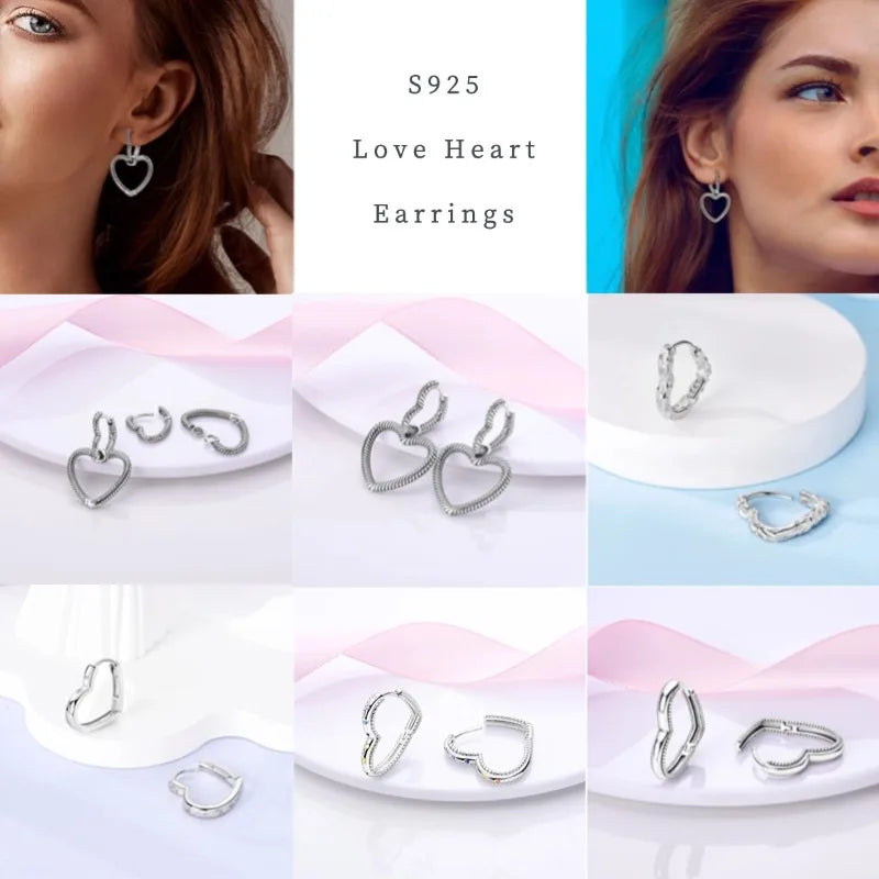 Brincos de Argola Coração Amor Brilhante Zircônia 925 Prata Esterlina Original para Mulheres Aniversário de Casamento Joia de Presente