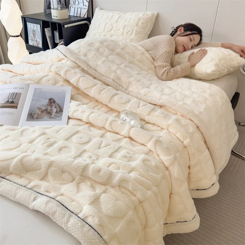 Heart Pattern Coral Fleece Blanket Spring Autumn Cozy Thicken Warm Plush Blanket for Bed Fluffy Super Soft Sofa Throw Blankets