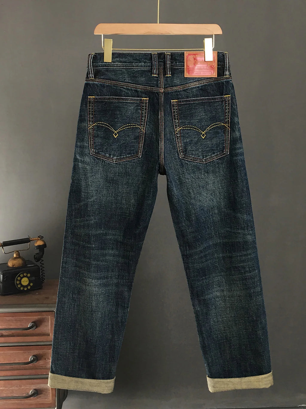 Calça Jeans Masculina American Vintage Casual Primavera Outono Solta Reta de Sarja Selvedge Amarela Lavada 100% Algodão de Alta Qualidade