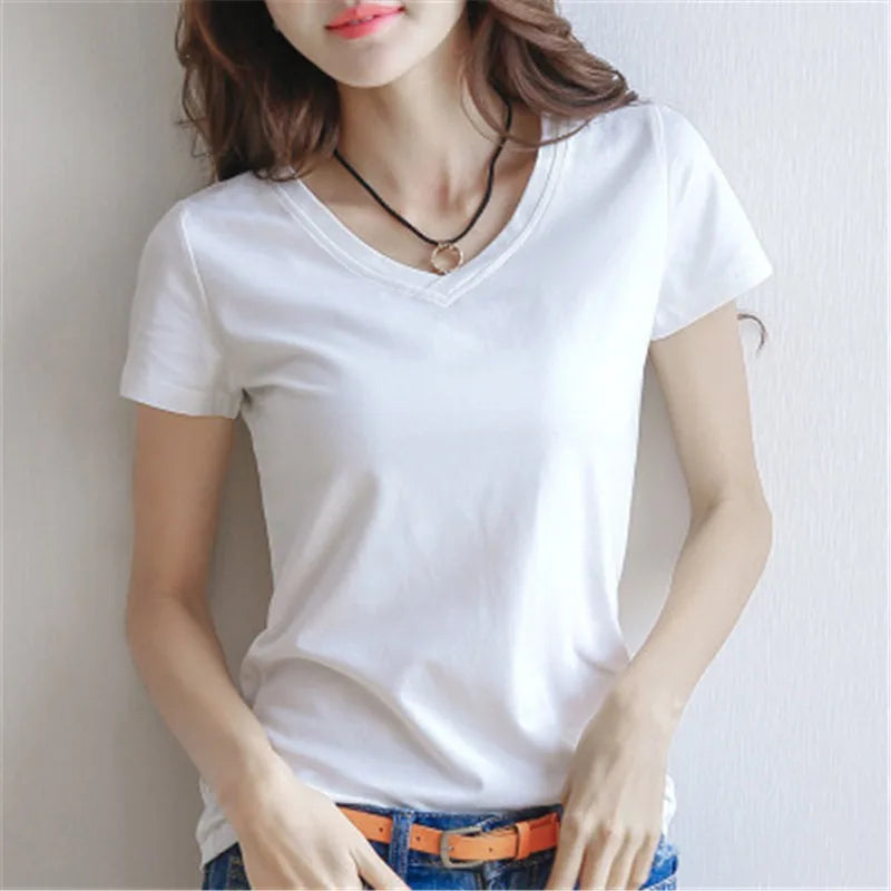 Solid Women Cotton T Shirt V Neck Short Sleeve Female Tee Slim White And Balck T Shirt Casual Solid Lady Tshirt Tops - White V-Neck M