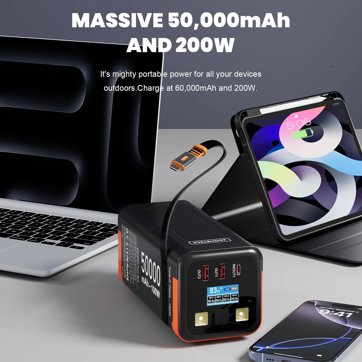 Power Bank 50000mAh 100W Super Fast Charging Portable Retractable Cable