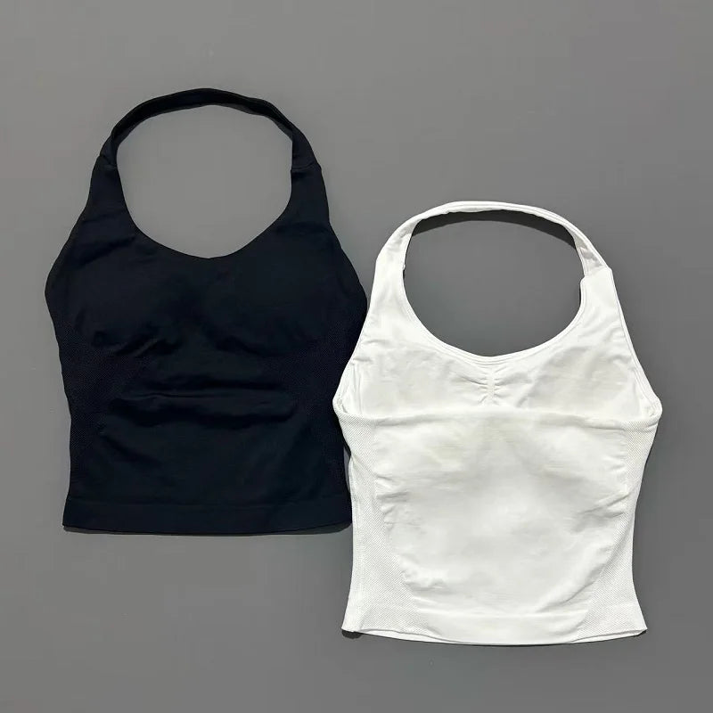 Regata Esportiva Feminina para Academia Sem Costura Yoga com Bojo Removível Top Esportivo Push-up Fitness Treino Corrida