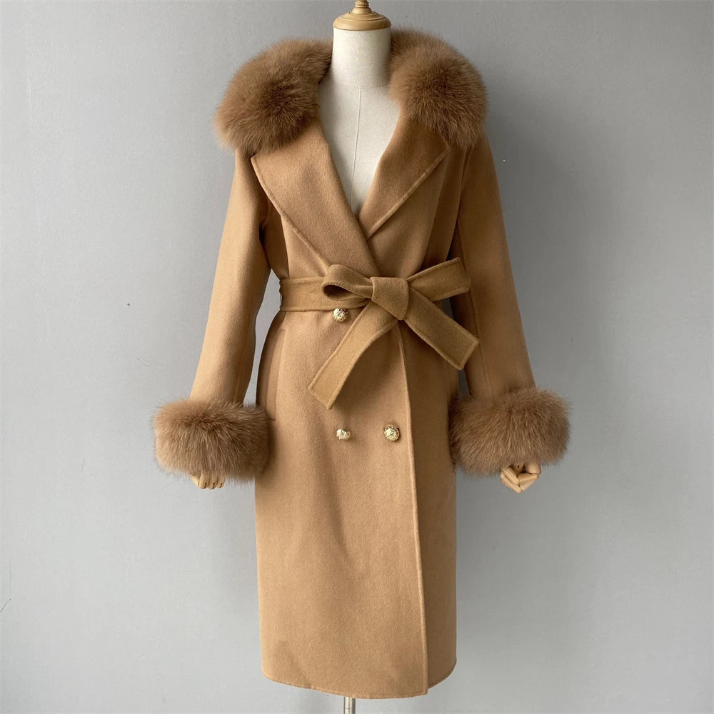 Jxwatcher Cashmere Lã Casaco Primavera Real Fox Colarinho Casaco de Lã de Trincheira Mulheres Inverno Casaco Quente Venda Longo Estilo Casacos de Lã