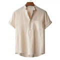 Camiseta Masculina de Verão em Algodão e Linho Estilo Praia Manga Curta Gola Henley Férias Havaí Casual Leve Respirável Confortável