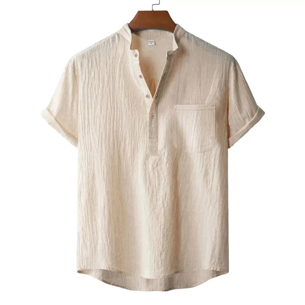 Camiseta Masculina de Verão em Algodão e Linho Estilo Praia Manga Curta Gola Henley Férias Havaí Casual Leve Respirável Confortável