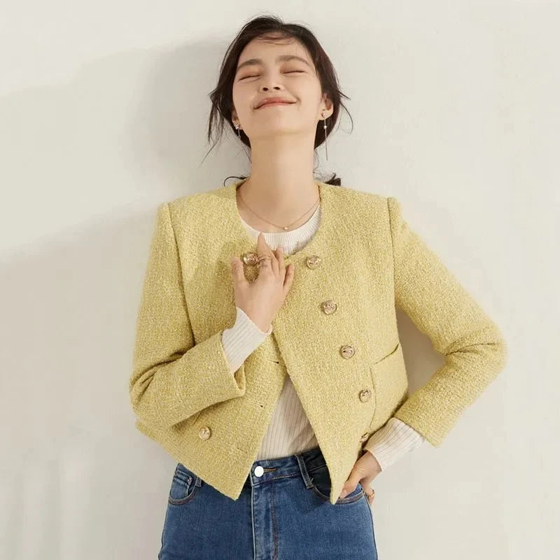 Ladies Woolen Jacket 2024 Autumn Winter Double-Breasted Slim Female Coat Versatile Coarse Tweed Temperament Women Wool Overcoat