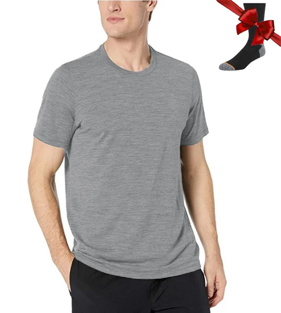 Camiseta Masculina 100% Lã Merino Super Fina Camada Base de Lã Merino que Absorve a Umidade Respirável de Secagem Rápida Antiodor + Meias de Lã Merino