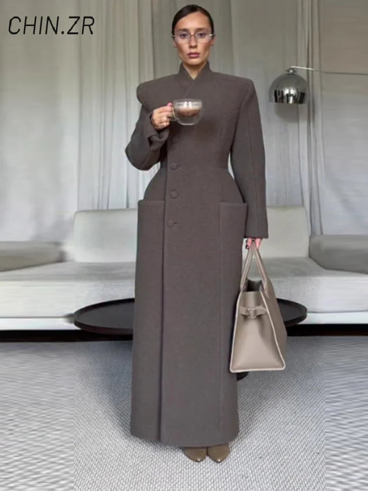 Street Cinched Waist Long Woolen Coat For Women Shoulder Pads Stand Collar Pocket Overcoats 2026 Spring Lady Commute Outwear New - Only scarf L
