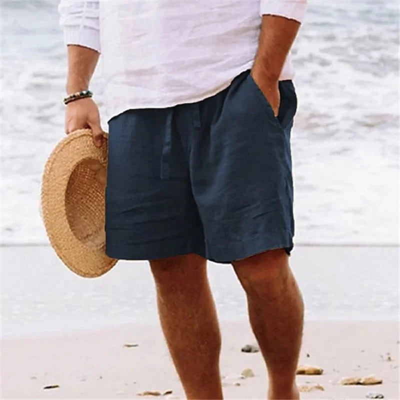 2025 Nova Coleção de Verão Masculina, Shorts Casuais de Algodão e Linho Respiráveis, Calças de Praia Estilo Havaiano, Cor Sólida, Soltas e Versáteis, Moda Streetwear Masculina