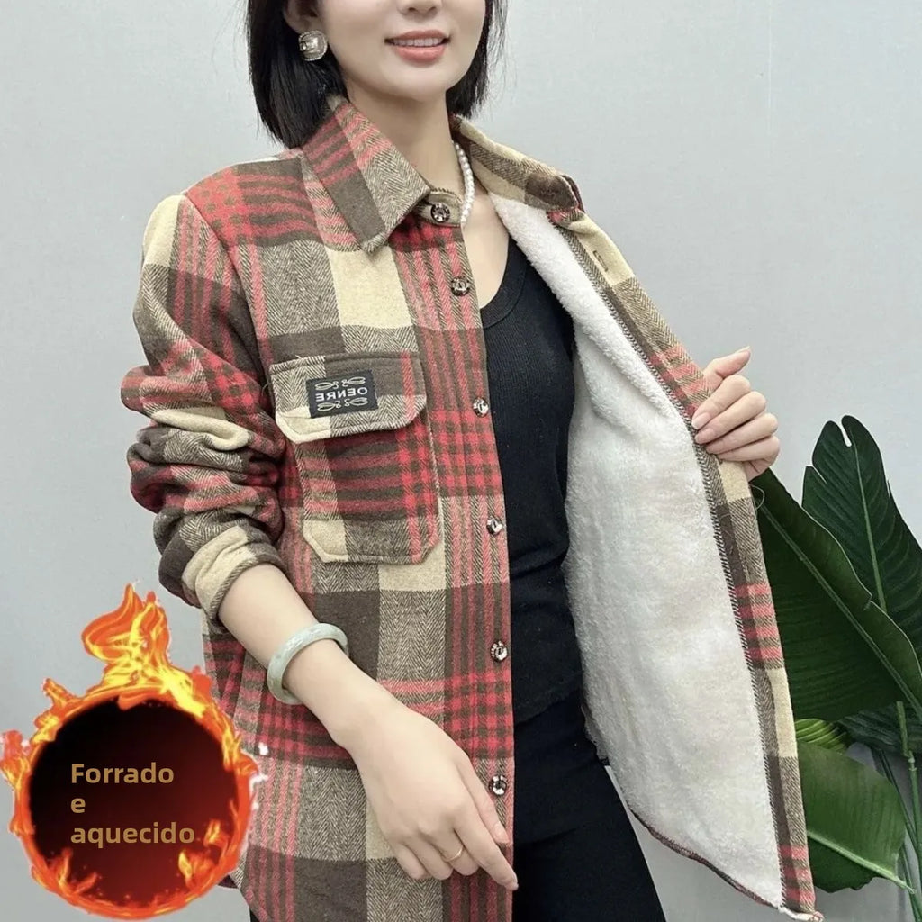 Camisa Xadrez Feminina de Lã Grossa Casual Solta Outono Inverno Quente Manga Regular Comprida Gola Marca Chinesa