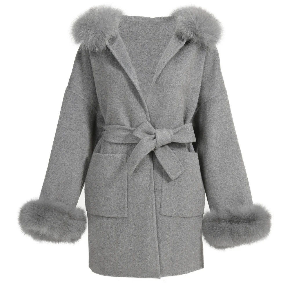 Jxwatcher Casaco de Lã e Misturas de Moda, Comprimento Médio, Jaqueta de Cashmere com Capuz, Gola e Punhos de Pele de Raposa 100% Real, Casaco de Inverno para Mulheres