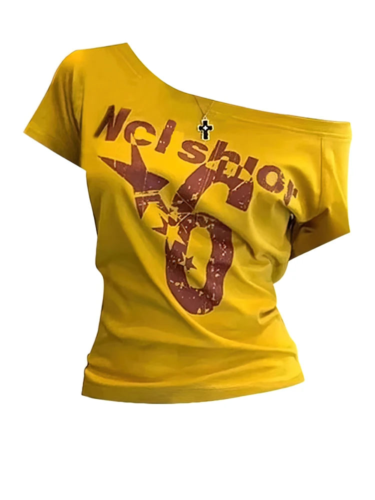 Y2K Esporte Verão Top Ombro a Ombro Feminino Sexy Vintage Anos 2000 Camiseta Manga Curta Feminina Blusa Básica Cropped Feminina Casual - Azul Marinho P