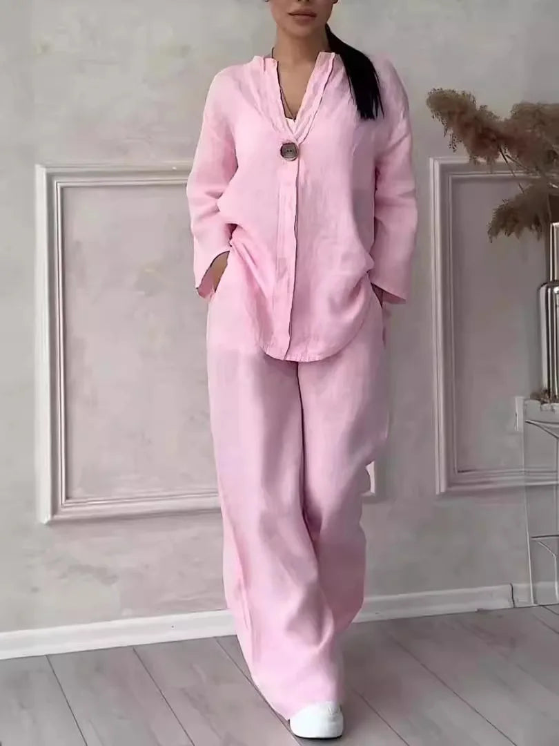 Conjunto de Linho e Algodão 2 Peças Blusa de Manga Comprida Solta com Botão e Calça Pantalona Larga de Cintura Alta Elástica NMD-3021