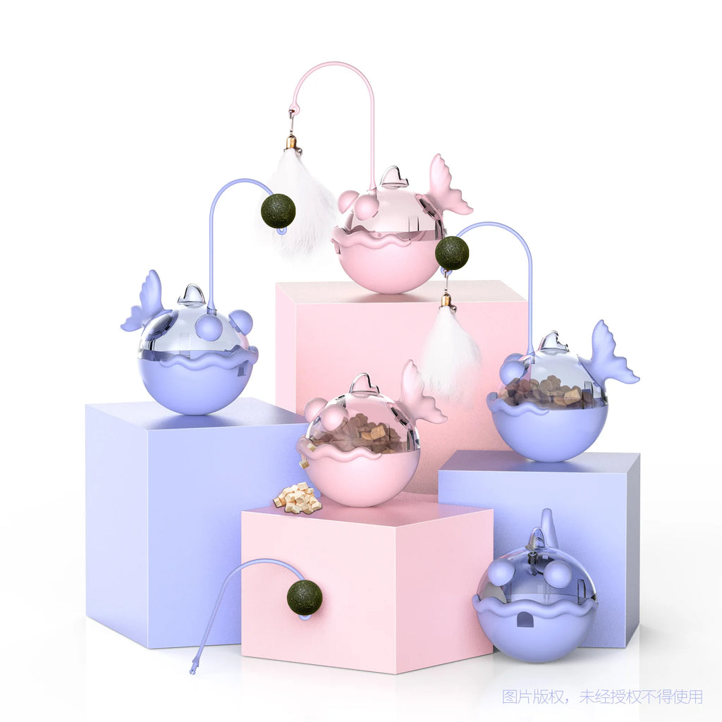 Brinquedo para Gatos Dispensa Comida Tumbler - Bolinha com Penas, Sino e Catnip com Design de Tamboril para Limpeza dos Dentes e Lambedura, Brinquedo Interativo para Gatos