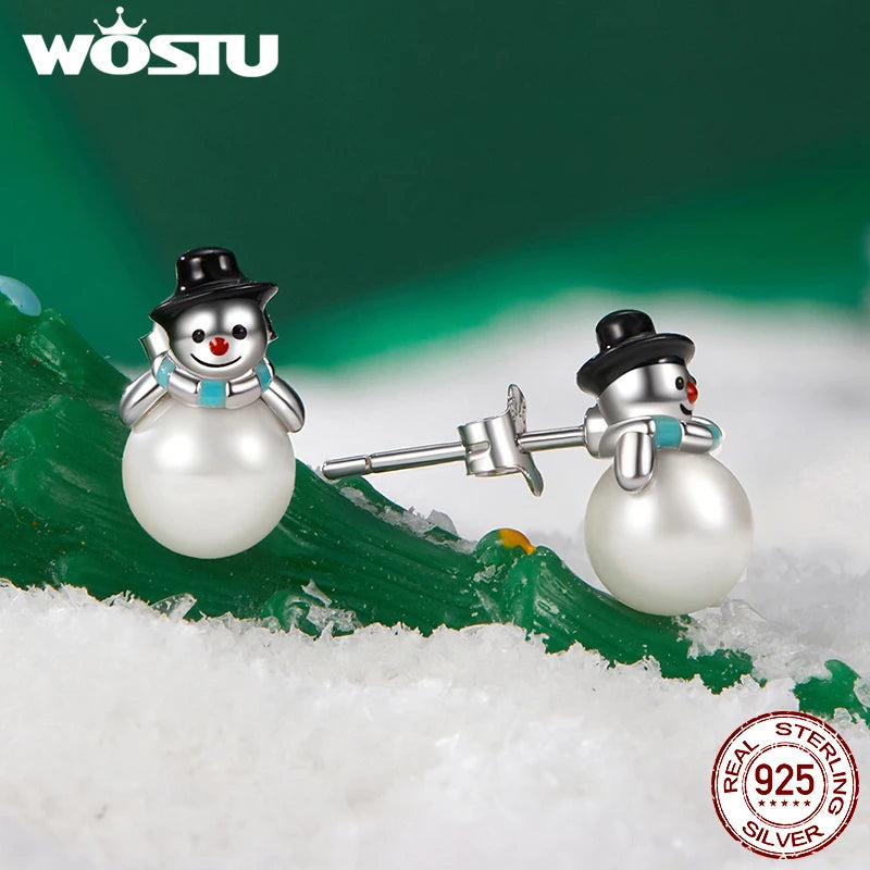 WOSTU 925 Brincos de Pérola de Boneco de Neve de Natal em Prata Esterlina Brincos de Rena de Chapéu Vermelho de Natal Joias de Ano Novo Presente de Feriado