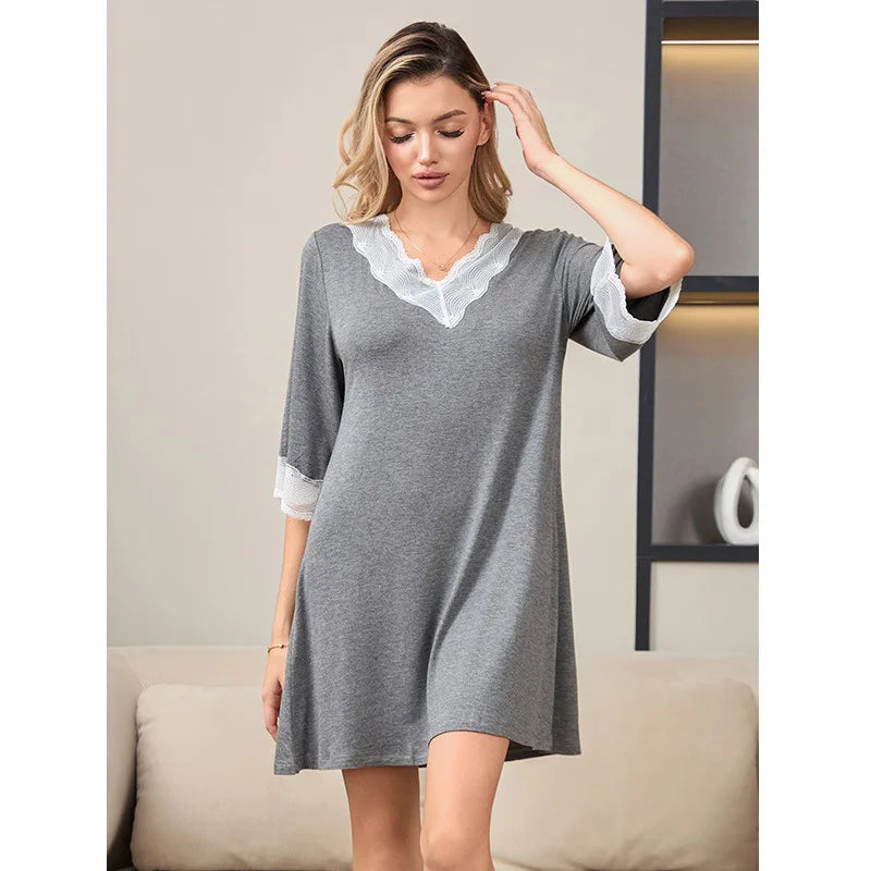 Pijama Feminino Sexy de Renda com Decote V Camisola de Algodão Modal Roupa de Casa Solta Casual Meia Manga Camisola Lingerie Íntima Roupa de Dormir