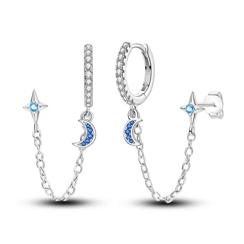 Brinco Feminino de Prata Esterlina 925 com Charm da Série Céu Estrelado Lua Universo Zircônia Brilhante Azul Joia para Uso Diário