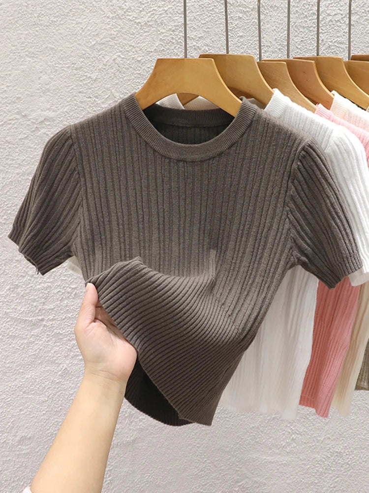 Camisetas de verão 2026 femininas casuais coreanas de malha streetwear tees básicas sólidas jovens blusas frescas - Vermelho Tamanho Único