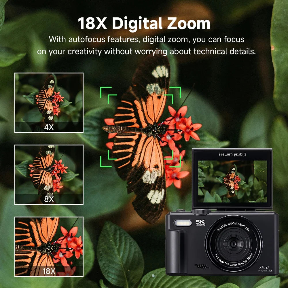 75MP Digital Camera 5K 18X Zoom 180° Flip Screen WiFi Vlog
