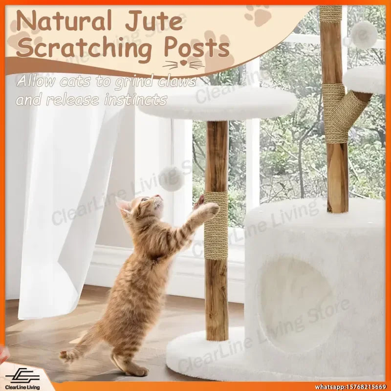 Multi-Level Cat Tree Tower with Cozy Bed Wicker Basket Condo Wooden Scratching Post Climbing Activity Center for Cats Indoor