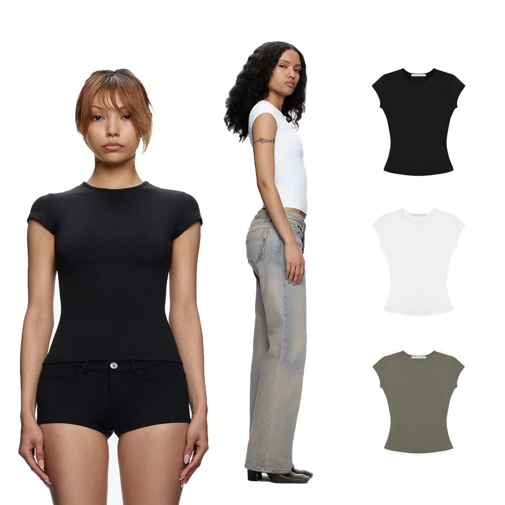 Tank Basic Slim Fit Round Neck T Shirt High Elastic Slim Fit Slimming Hot Girl Style Short Top Versatile Hot Girl Style Everyday Outerwear Top High Elastic Slim Fit T Shirt - green M
