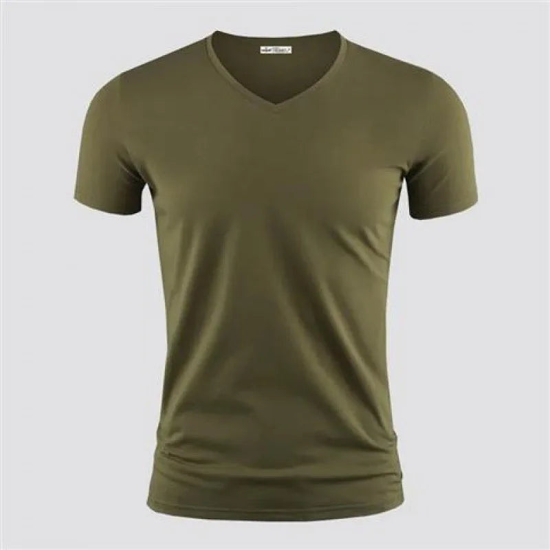 Camiseta Masculina 2026 Cor Sólida Gola V Manga Curta Blusas Camisetas Masculinas Camiseta Preta Justa Camisetas Masculinas Fitness para Roupas Masculinas