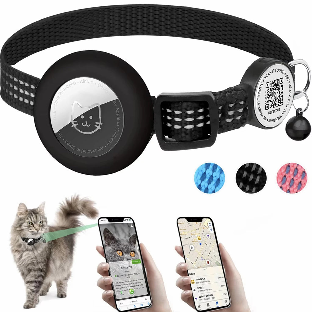 para coleira de gato GPS AirTag com etiqueta QR, coleira refletiva Apple Tag para animais de estimação com suporte para AirTag e etiqueta de gato, coleira de gatinho com estojo AIRTAG