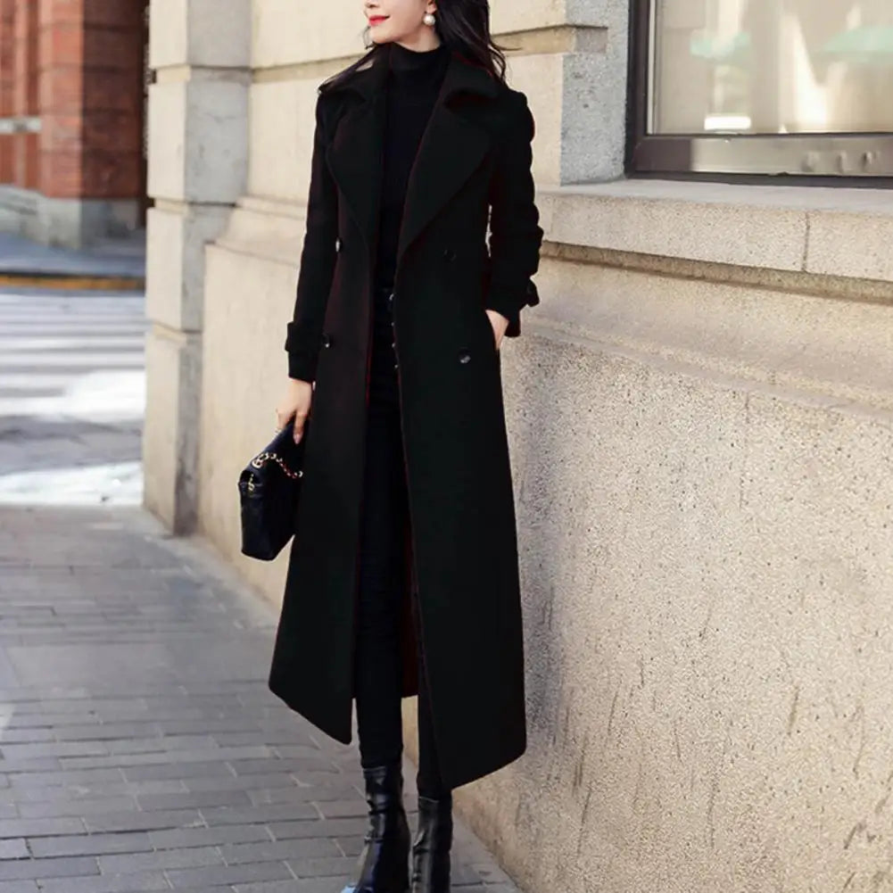 Sobretudo de Inverno Elegante Abotoamento Duplo Cinto na Cintura Jaqueta Longa de Lã Moda Térmica Grossa Feminina Trench Coat de Lã de Inverno