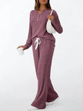Conjunto de Lounge Canelado Feminino: Blusa Henley Gola V Calça Perna Larga com Cordão